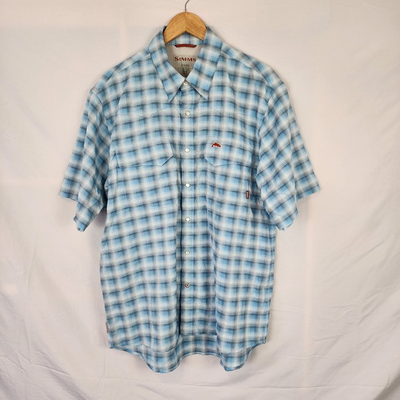 Simms Other - Simms Cor3 Vented Snap‎ Close Short Sleeve Blue Plaid Shirt Men's Size Large